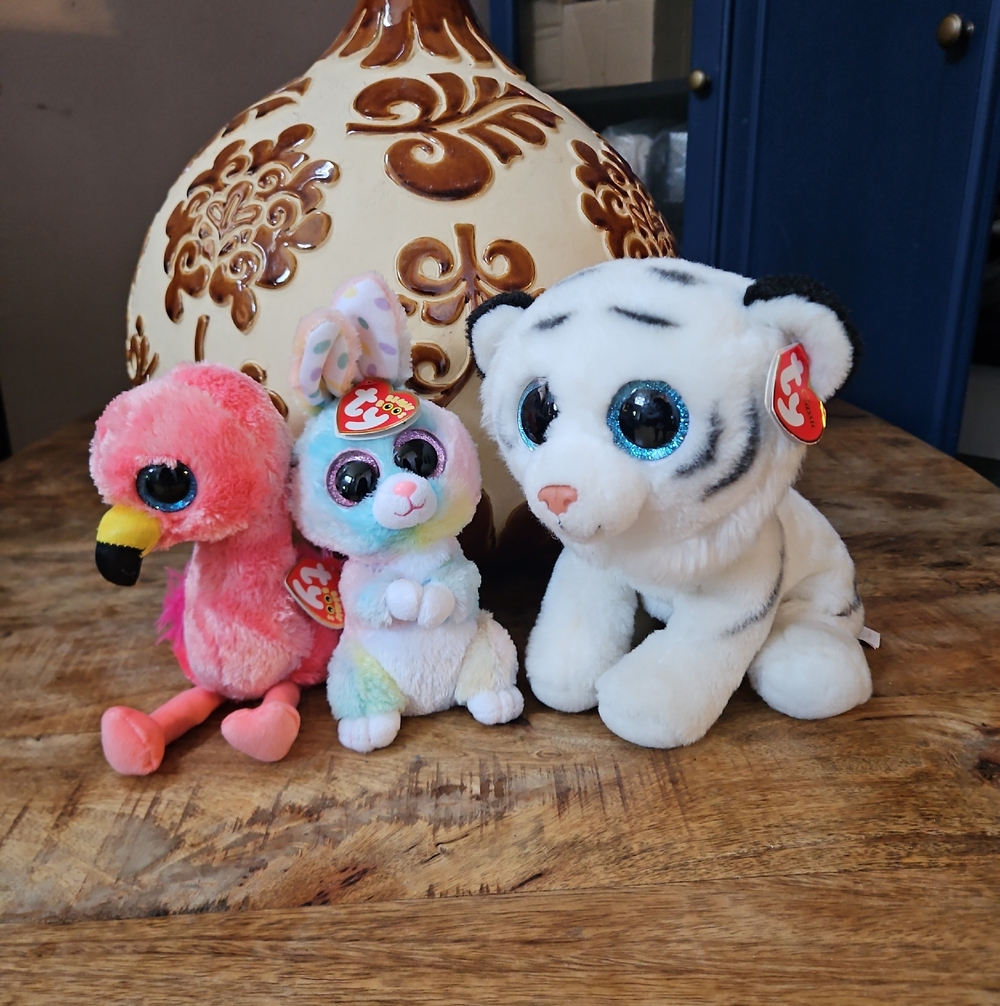 Ty Plush Trio — White Tiger with Blue Eyes, Pink Flamingo, Pastel Bunny